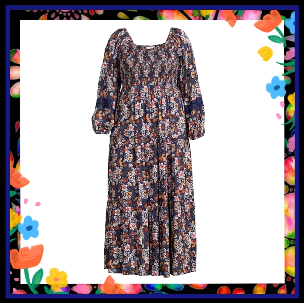 ROMANTIC GYPSY ☆ LACE ACCENT ☆ SMOCKED FLORAL ☆ MAXI DRESS ☆ NWT